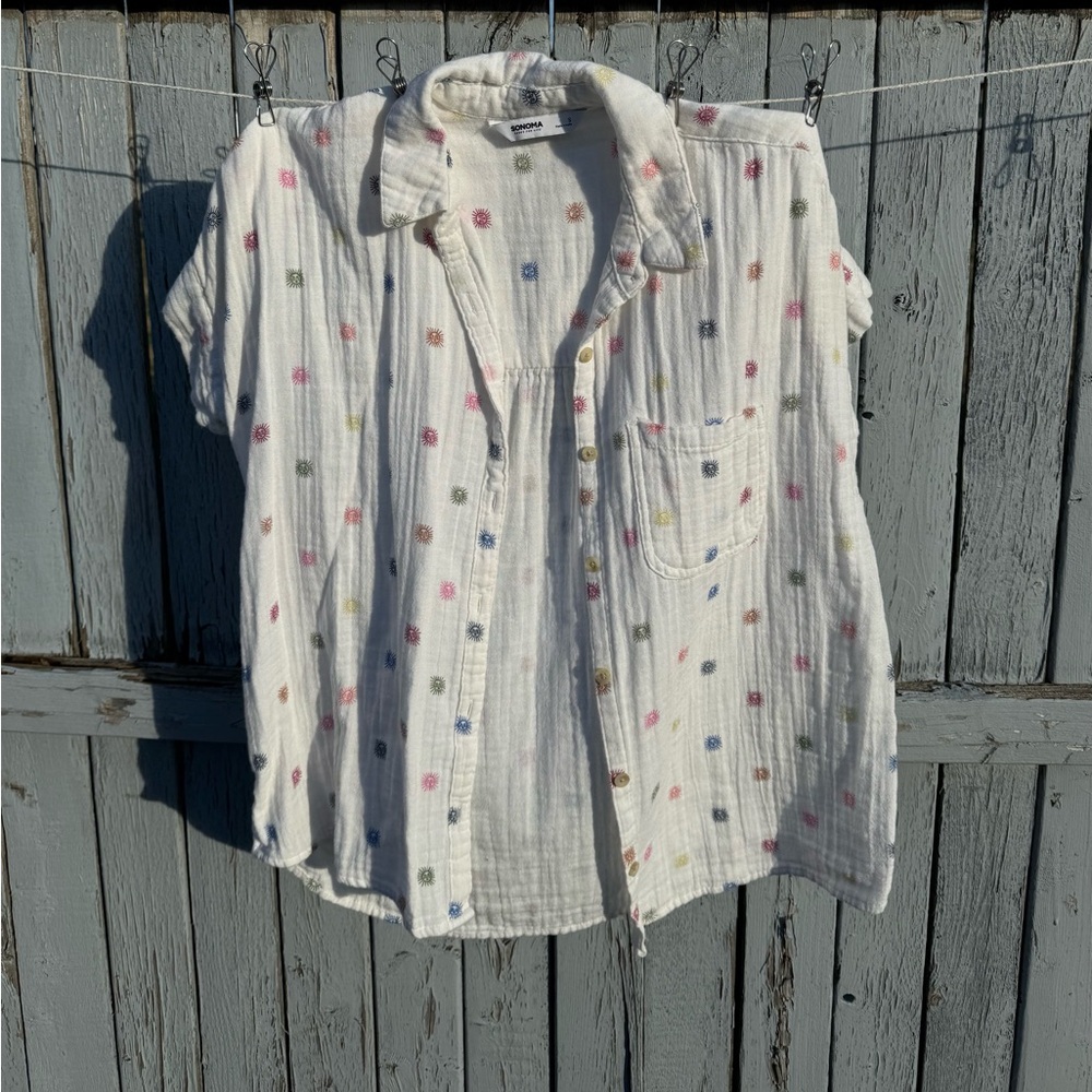 Sonoma Women’s Colorful Sun Pattern 100% Cotton Shirt Size S